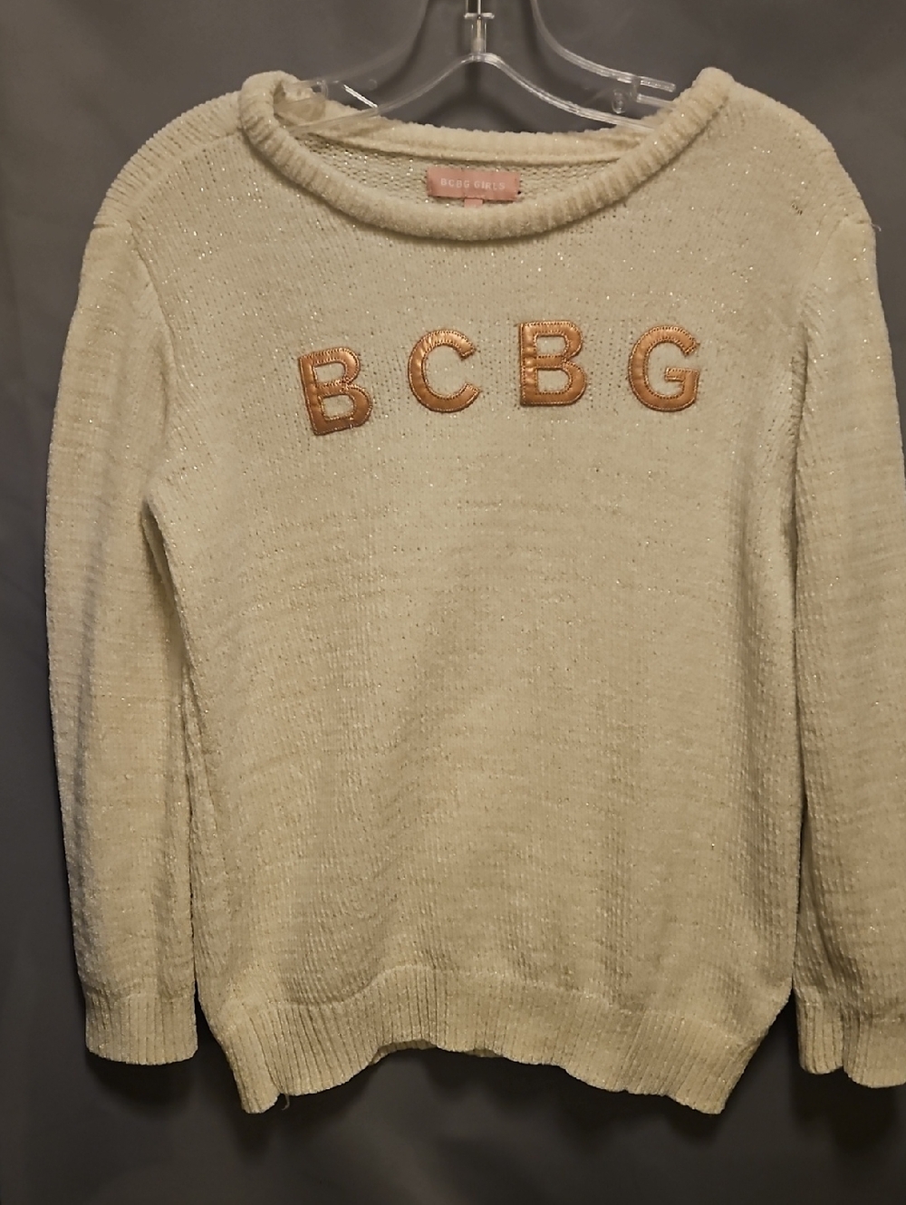 BCBGirls Cream Pink Sweater Pink Logo Size 12 Pink Sparkles
